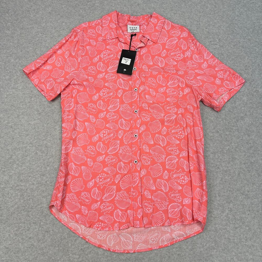 Cove Button Up Shirt Mens M Pink Shell Print Short Sleeve Collared Coastal Beach